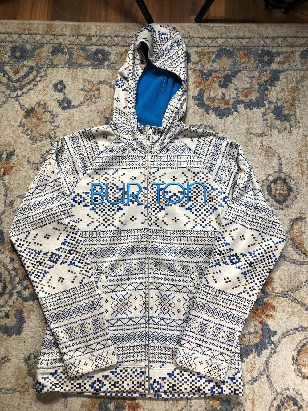 Burton Hoodie Sweatshirt Mens Large White Fair Isle Full Zip Fleece Lined Logo